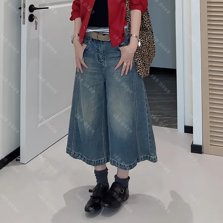 JIUJIU【假日香颂】韩系复古水洗牛仔裤七分裤做旧慵懒阔腿牛仔