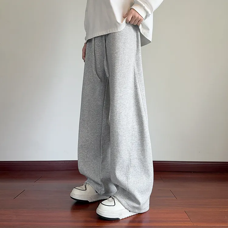 秋冬加绒加厚纯色男士弯刀裤加绒加厚大码垂感直筒阔腿裤休闲长裤