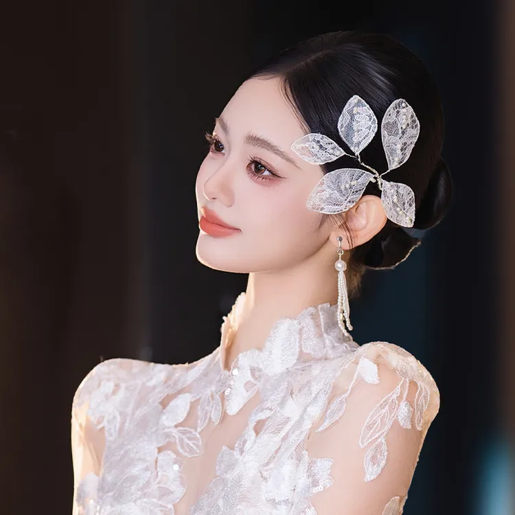 合金布艺婚庆饰品 森系新娘韩式造型白色蕾丝超仙气质发饰女D0609