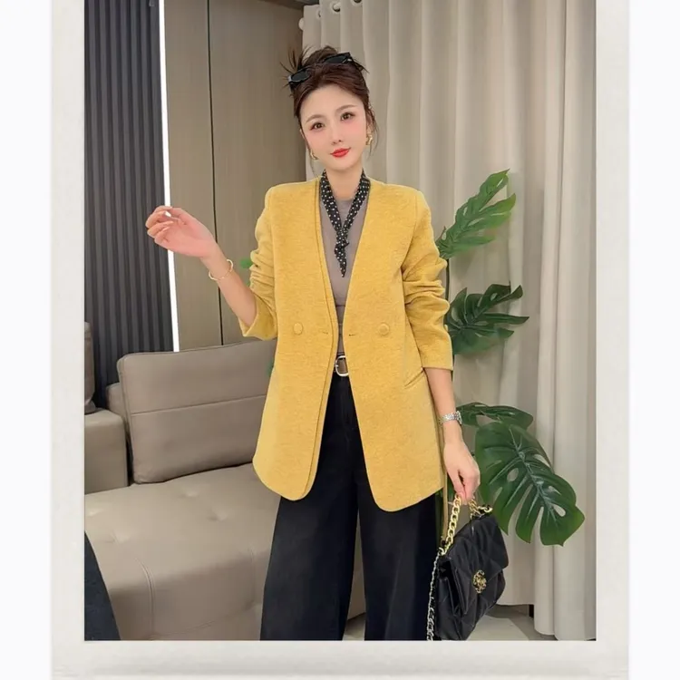 V领双门襟流沙金冬款毛呢中长气质通勤双排扣大衣洋气上衣时尚