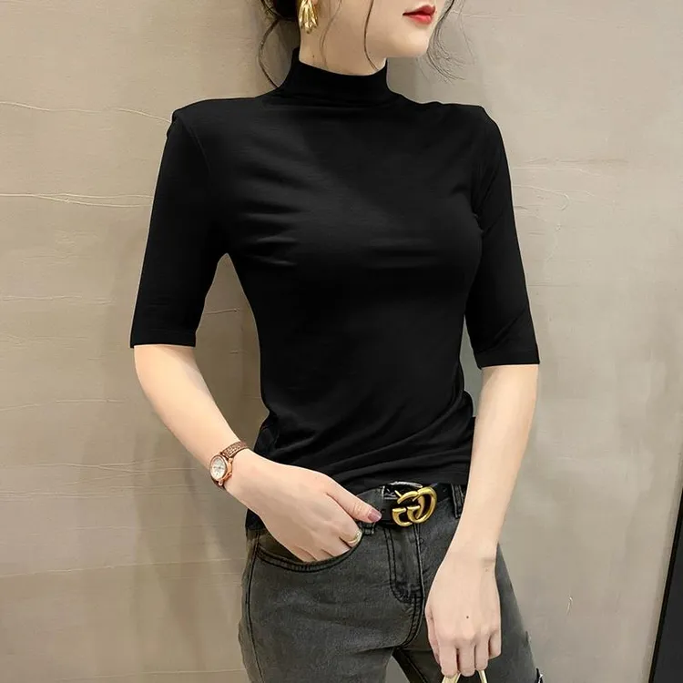黑色莫代尔半高领中袖T恤女五分袖2025新款紧身打底薄款内搭上衣