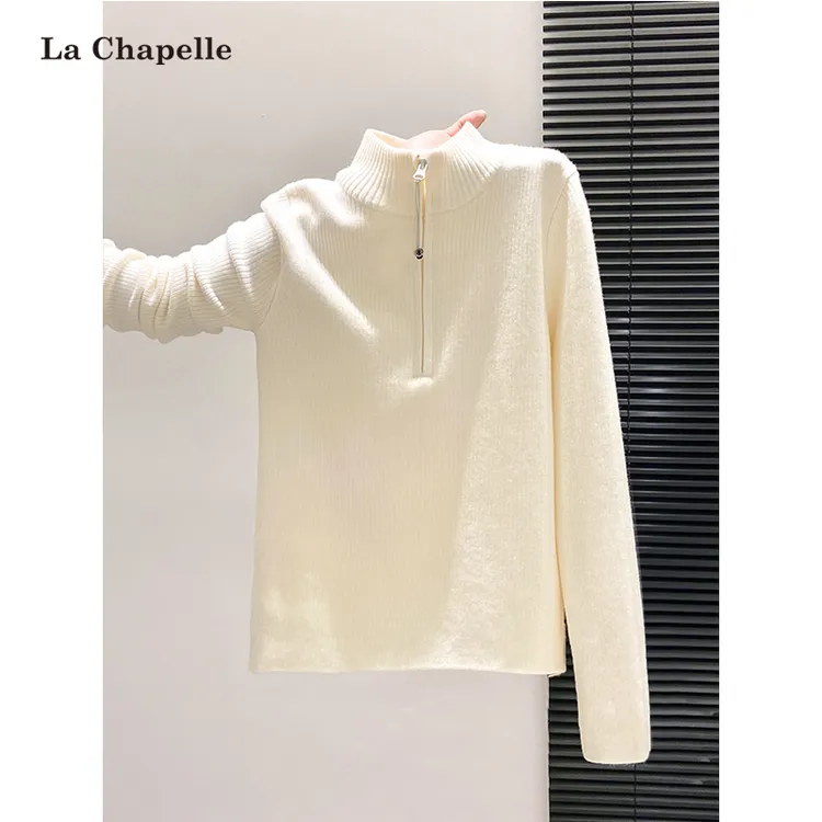 拉夏贝尔加绒加厚半高领拉链针织毛衣女冬季百搭修身保暖打底上衣