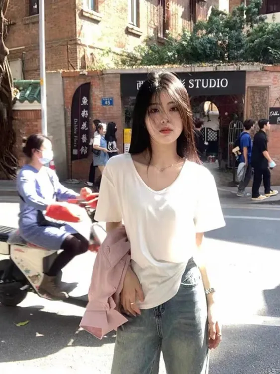 【纯棉】230克纯棉春季韩系简约宽松U领正肩纯色大众休闲慵懒风T恤