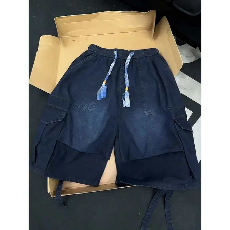 藏蓝色工装短裤飘带褶皱男士夏日七分裤子美式高街大口袋牛仔马裤