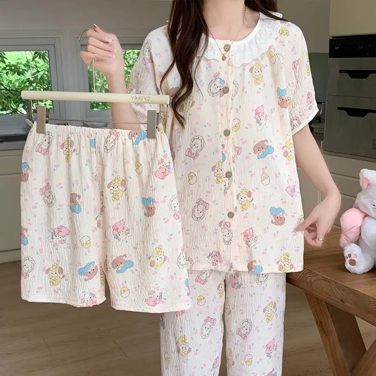 【星】三件套睡衣女夏季新款短袖短裤长裤夏天卡通家居服套装6030