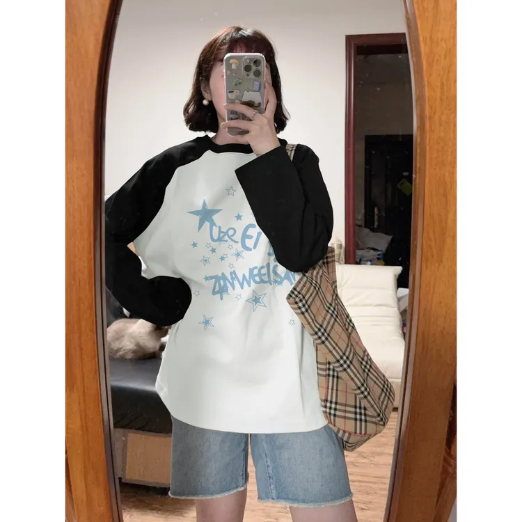 2025新款秋冬打底衫黑白撞色长袖T恤女潮流韩版宽松百搭纯棉上衣