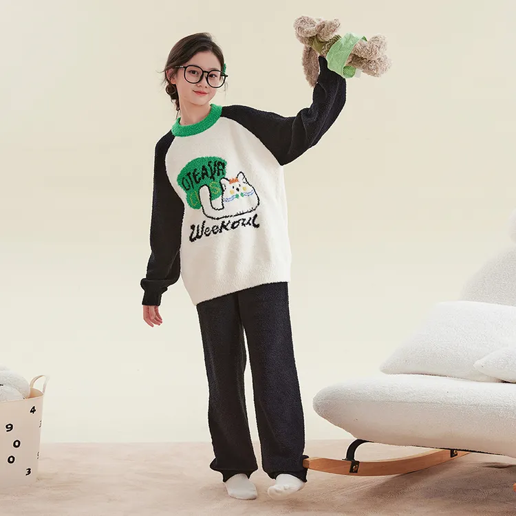 HANYOU亲子【面团小猫】秋冬A类半边绒睡衣插肩袖套装家居服JG086