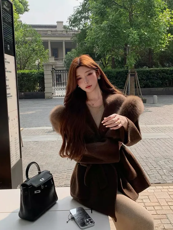 雪山大衣狐狸毛海军领双面羊毛大衣女宽松版中长款小个子毛呢外套