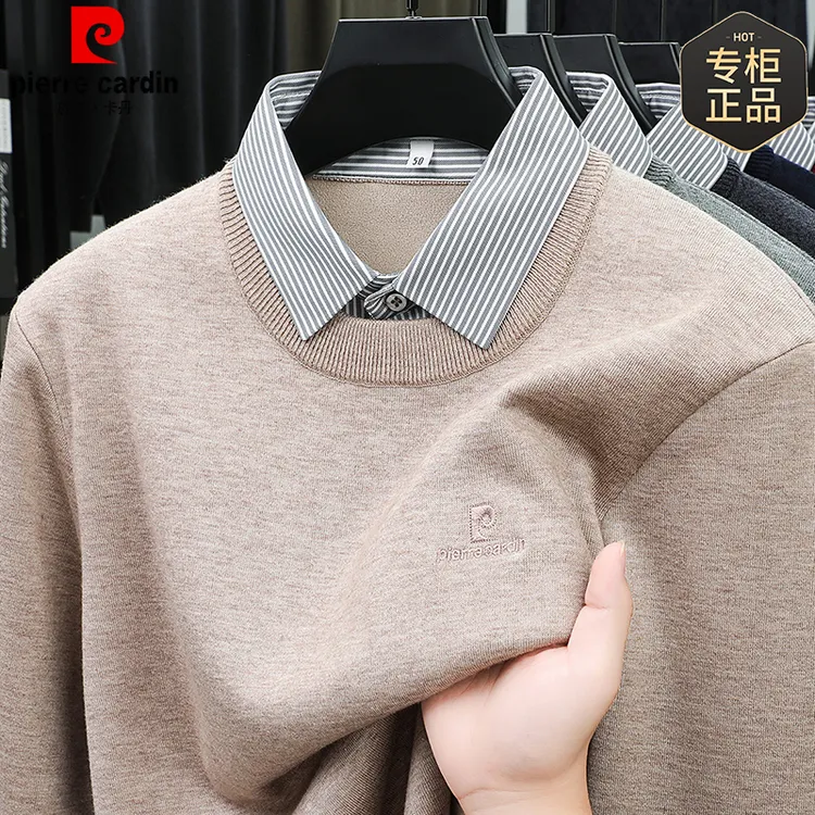 皮尔卡丹2025新款男士套头假两件翻领衬衫加厚秋冬季休闲时尚上衣
