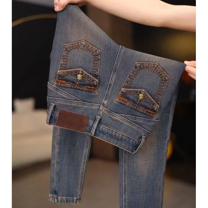 【复古蓝】秋冬加绒高腰小脚牛仔裤女修身显瘦百搭港风弹力小脚裤