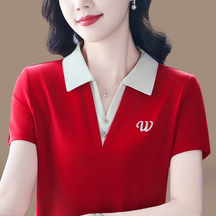 气质撞色棉质夏款翻领女装POLO衫韩版排汗透气宽松显气质半袖上衣