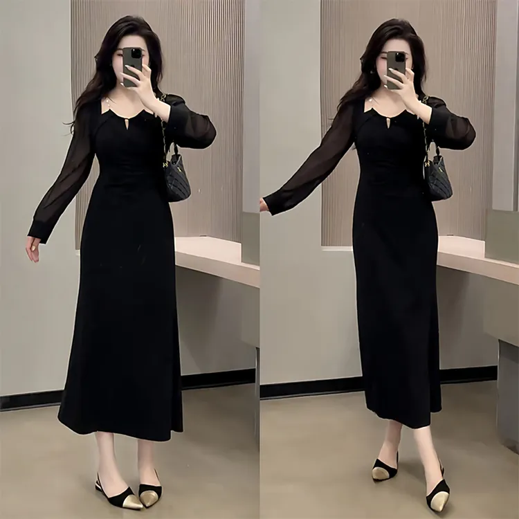 大码女装胖mm赫本风镂空收腰长袖连衣裙2025冬季高级感显瘦小黑裙