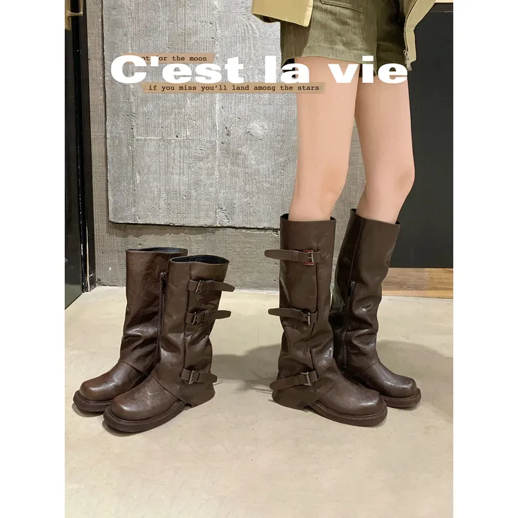 小个子圆头复古厚底裤管靴女2025新款冬季小众设计长筒靴褶皱堆堆