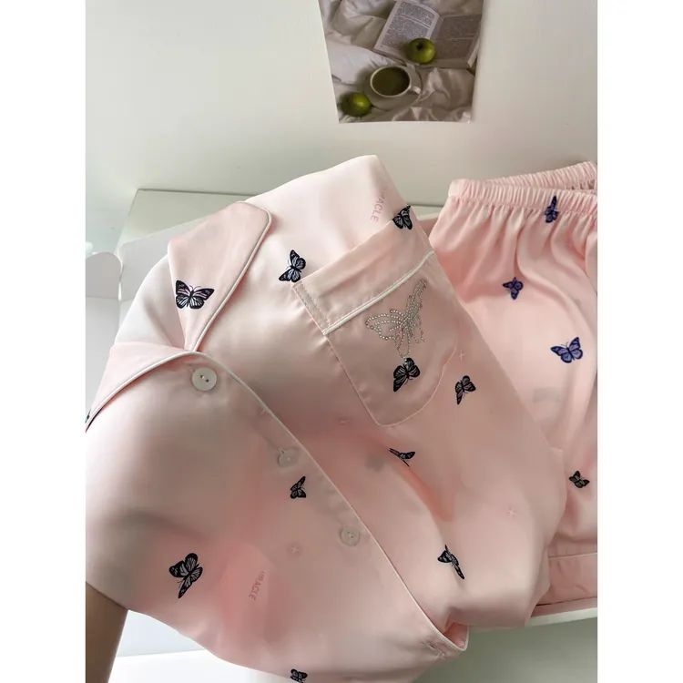 【烫钻蝴蝶印花】高级感法式冰丝睡衣女夏季薄款短袖短裤家居服套装