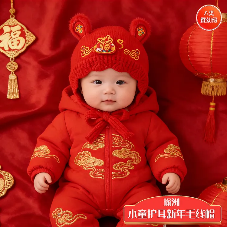 国潮风满月红色男女宝宝帽子秋冬季保暖针织毛线帽儿童护耳新年帽