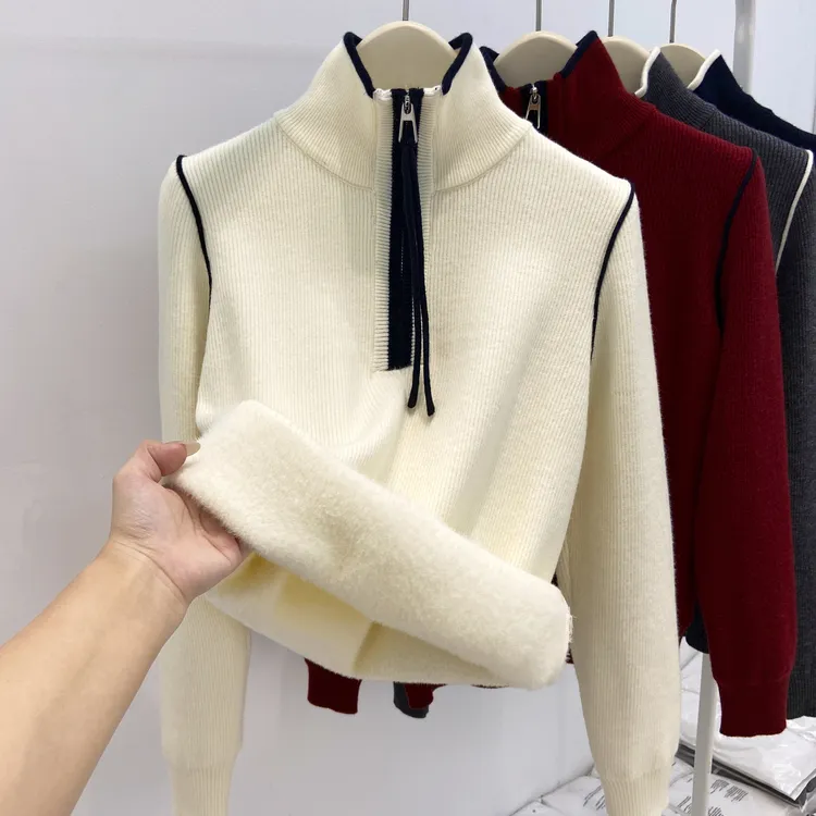 加绒加厚冬季新款时尚设计感撞色拼接高领半拉链宽松百搭针织衫女