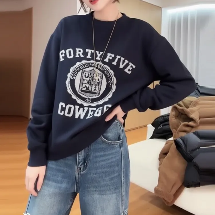 美式复古字母印花长袖卫衣2025冬季小众百搭宽松圆领百搭休闲上衣