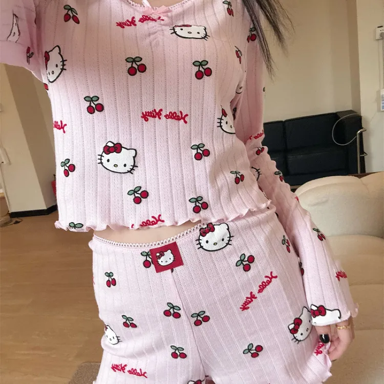 少女甜美樱桃Kitty印花长袖纯棉睡衣女款夏季舒适家居服短裤套装