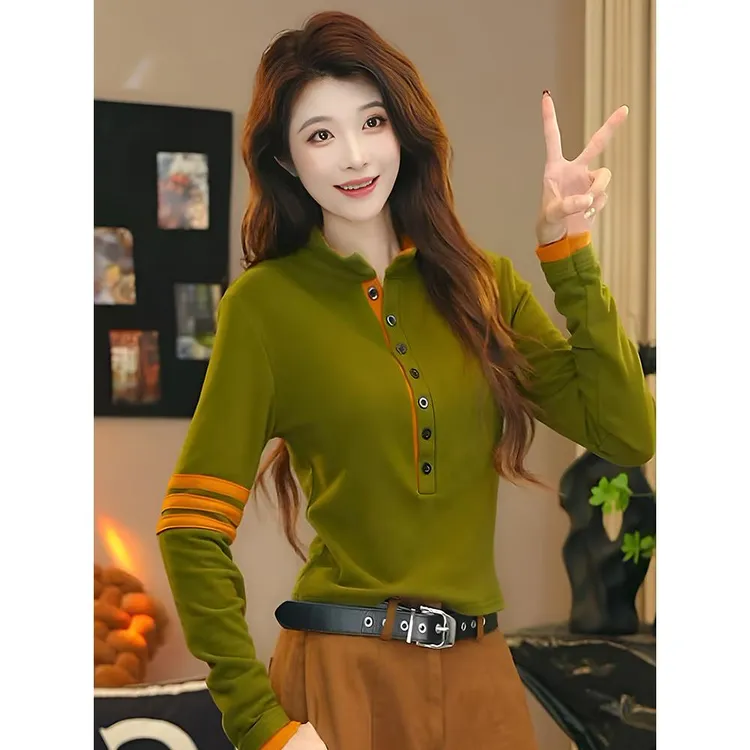 笑歌-半高领双面绒加厚保暖撞色长袖秋冬修身显瘦短款内搭上衣女