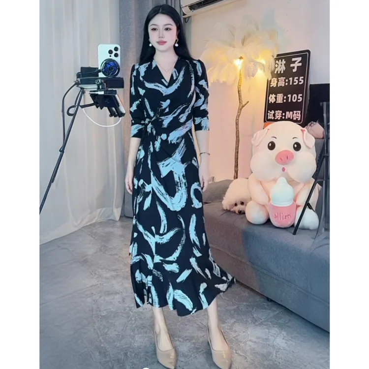 【高端定制】名媛轻奢高贵优雅连衣裙明星法式时尚修身显瘦水墨条纹