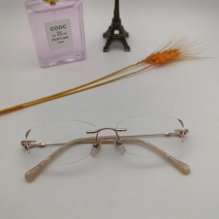 时尚璀璨香槟金优雅无框钻石切边眼镜框设计师款防蓝光防辐射度数