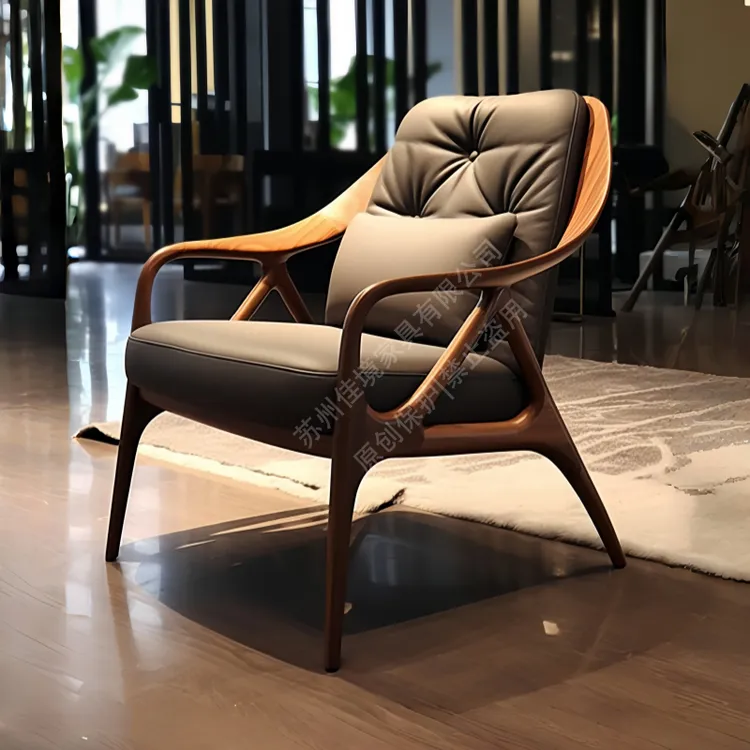 设计师款北美黑胡桃木真皮单人休闲椅轻奢简约家用书椅茶椅家具