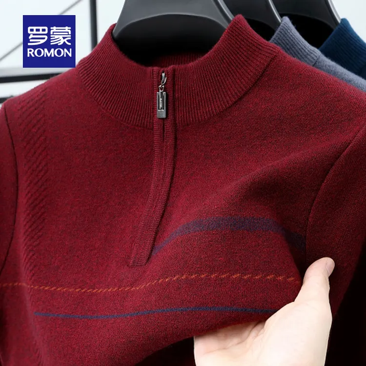 罗蒙半高拉链领本命年红色爸爸装针织衫春秋季男士百搭宽松打底衫