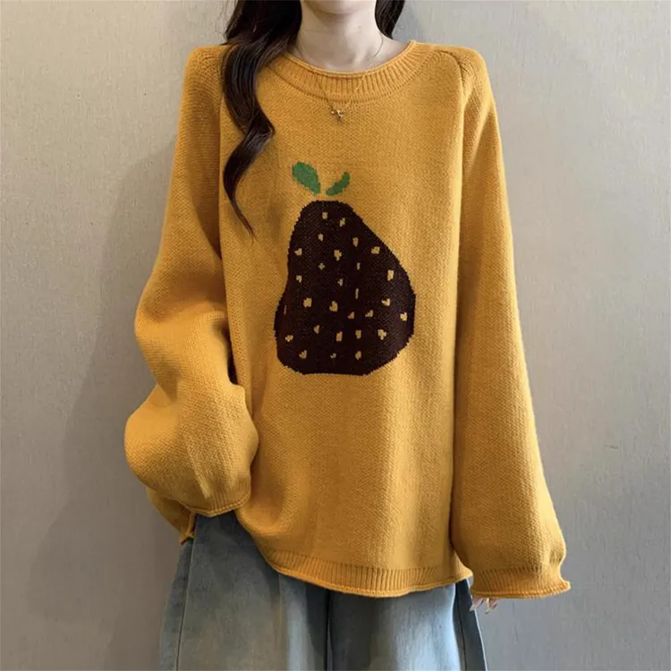 慵懒风宽松弛感提花圆领毛衣女秋冬大码胖MM显瘦遮肚针织打底上衣