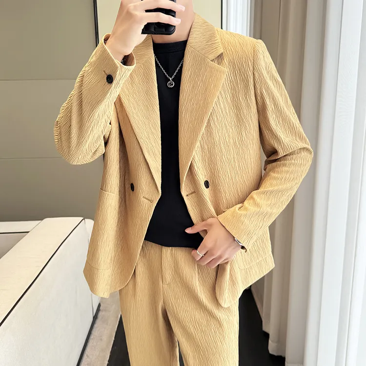冰丝垂感西服套装2025夏季新款时尚商务休闲肌理感男士西装两件套