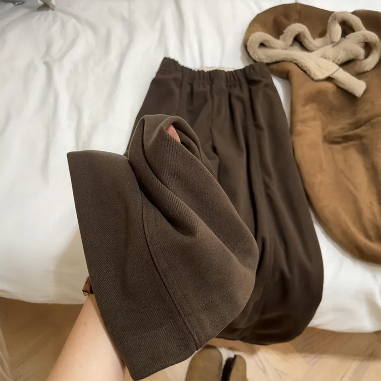 美拉德棕色毛呢阔腿裤女秋冬新款大码胖mm高腰显瘦垂感直筒休闲裤