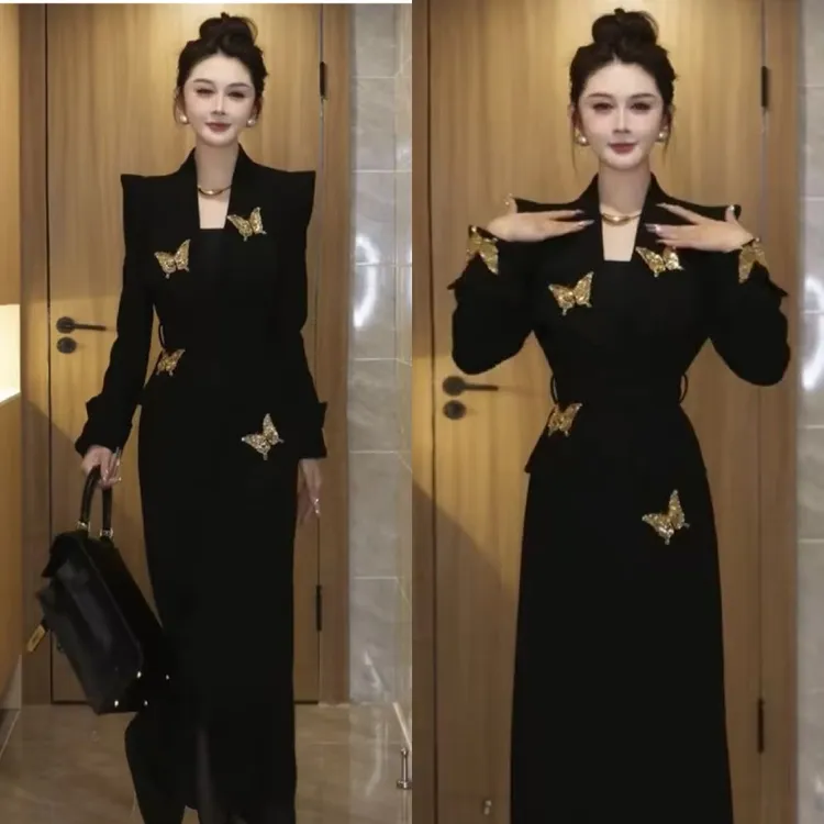 气质爆款洋气大衣女2025春季黑色时尚女神范重工蝴蝶长款御姐外套