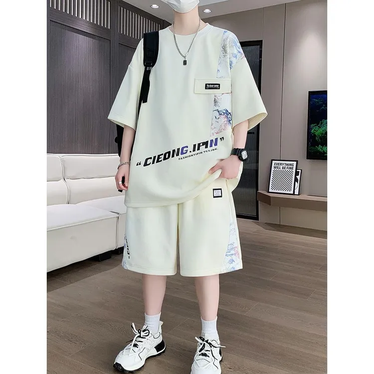 范哲萨采购产品夏季冰丝男孩，青少年和学生套装，民族时尚风格短