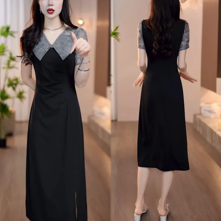 高级感气质V领拼接短袖连衣裙2025夏季设计感褶皱收腰开叉a字裙子