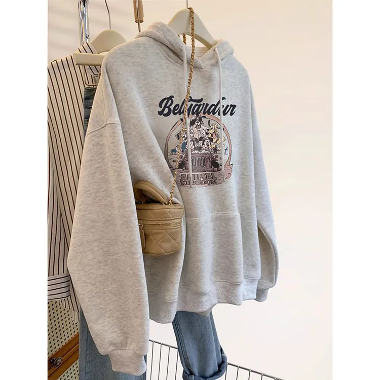 白灰色连帽卫衣女款秋冬季加绒加厚ovresize宽松百搭套头显瘦帽衫