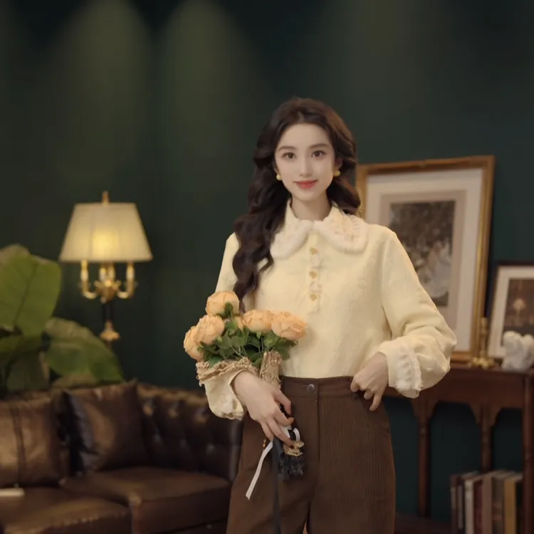 琦琦【暖炉烤茶】复古港风秋冬厚款休闲百搭衬衫上衣YF1103540