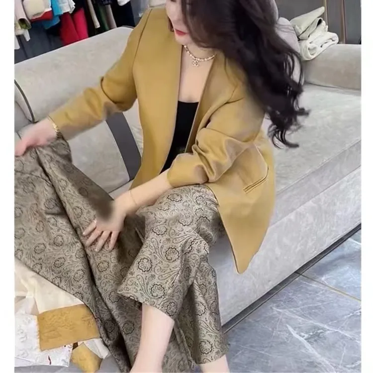 网红休闲洋气春秋气质女士韩版百搭西装裤子两件套时尚套装卡其