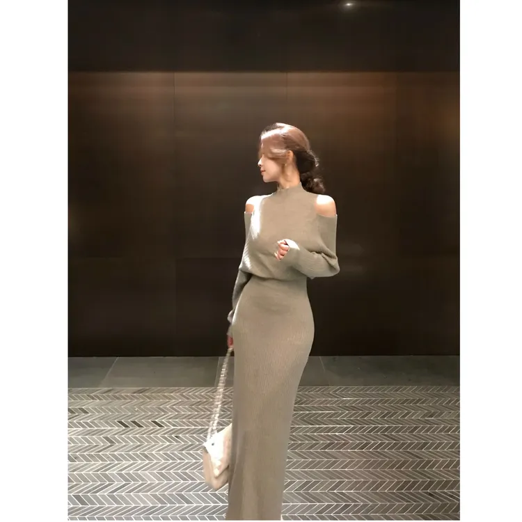 SZA【金秘书小资】冬季新款气质假两件露肩针织包臀连衣裙A-2472