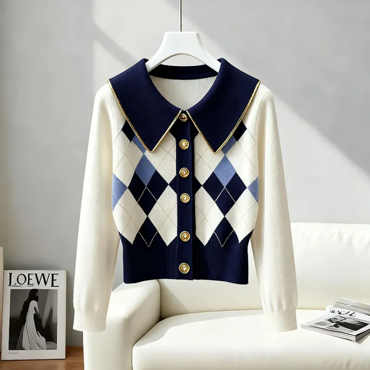 韩系chic别致蓝白撞色菱格针织上衣女秋季新款小香风收腰毛衣针织