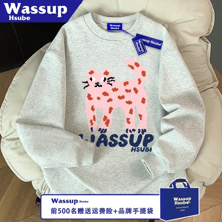 WASSUP HSUBE潮流美式百搭斑点猫咪长袖秋冬字母宽松印花情侣上衣