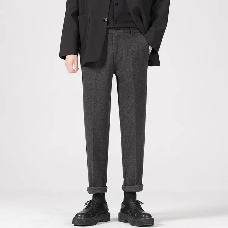 冬季加绒加厚毛呢小西裤男坠感轻熟休闲修身长裤九分黑色裤子