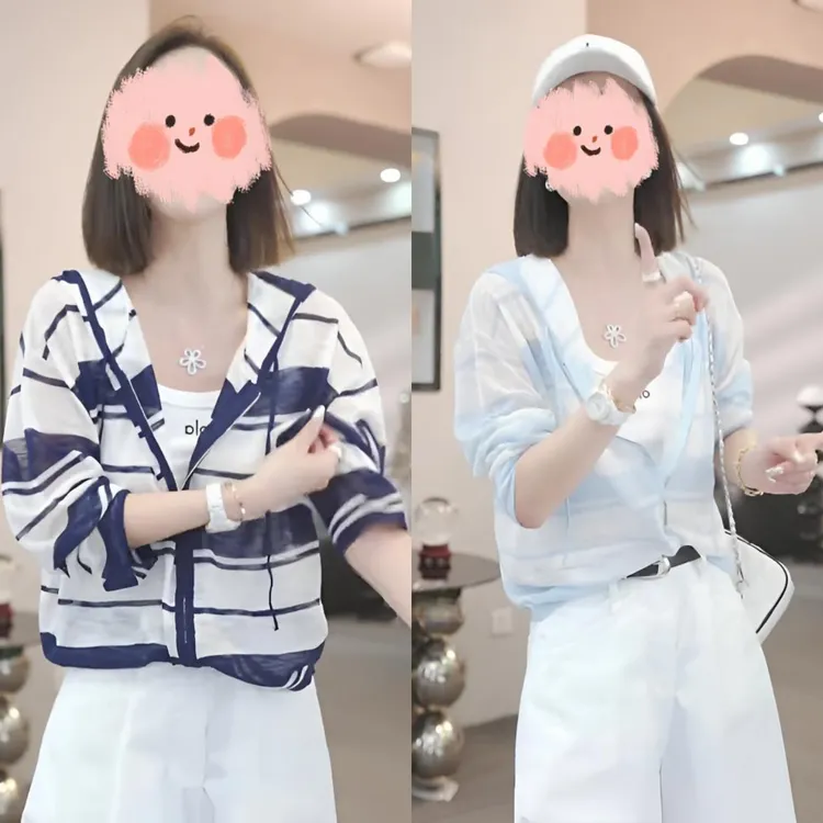 2025年新款夏季条纹连帽防晒针织开衫女时尚休闲百搭薄款外套上衣