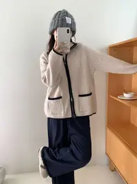 玲姐定制-撞色边双拉链口袋款简约慵懒宽松外套针织开衫373333