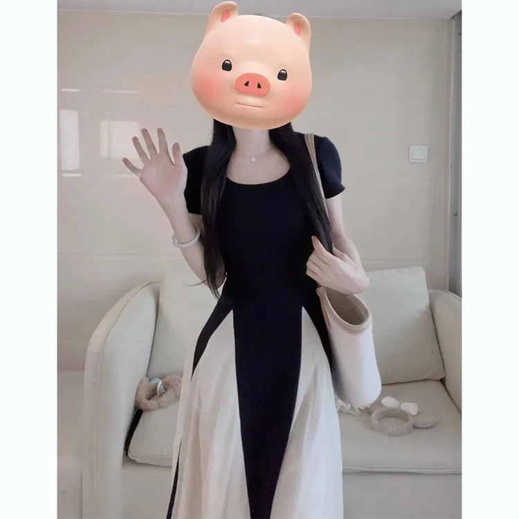 大码法式小众设计连衣裙女2025夏季新款高级感撞色显瘦百搭A字裙