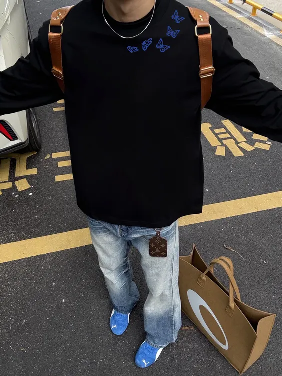 美式高街重磅纯棉蝴蝶印花长袖圆领T恤男秋季潮牌上衣宽松打底衫