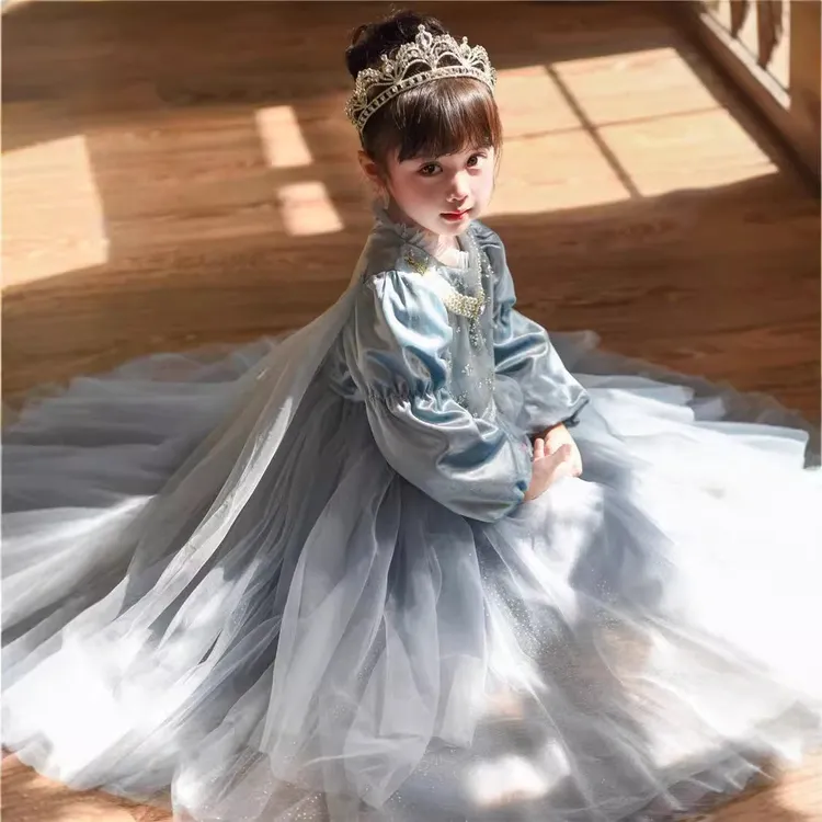 女童高端爱莎公主裙秋冬加绒长袖网纱连衣裙小女孩高定生日礼服裙