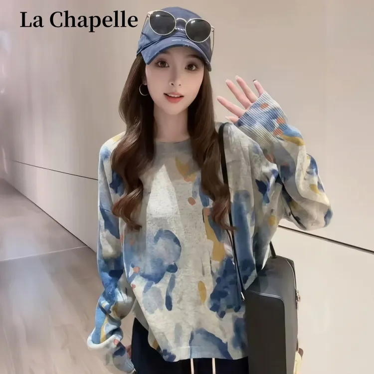 拉夏贝尔秋季韩系气质减龄翻领印花毛衣女时尚显瘦外搭针织开衫女