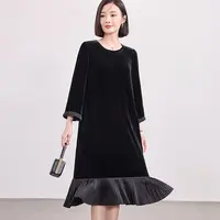 【敏洋纯专属】R5967桑蚕丝丝绒连衣裙中长裙七分袖真丝裙衣长109