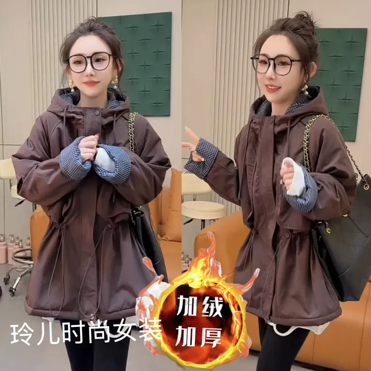 加绒厚款洋气连帽拼色抽绳收腰格子拼接收腰宽松百搭外套女