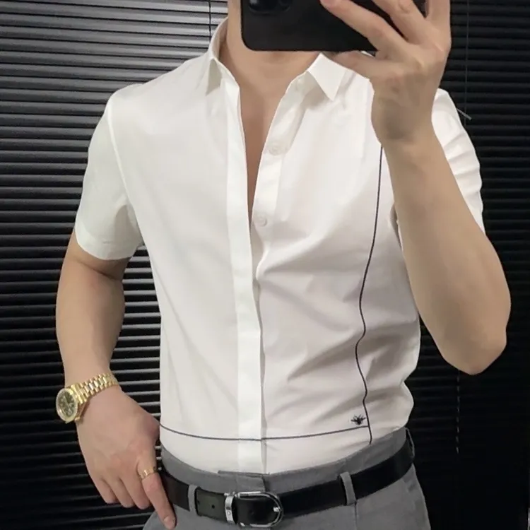 男士竖条纹刺绣短袖衬衫薄款修身商务休闲潮流百搭上衣衬衣白色