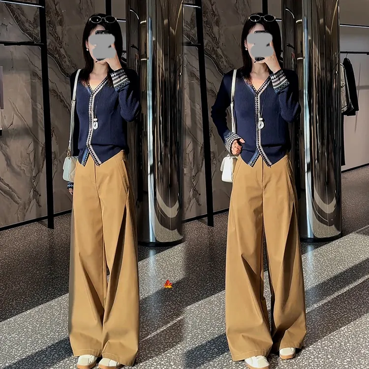 网红洋气炸街套装女2026春秋新款V领撞色长袖针织衫阔腿裤两件套